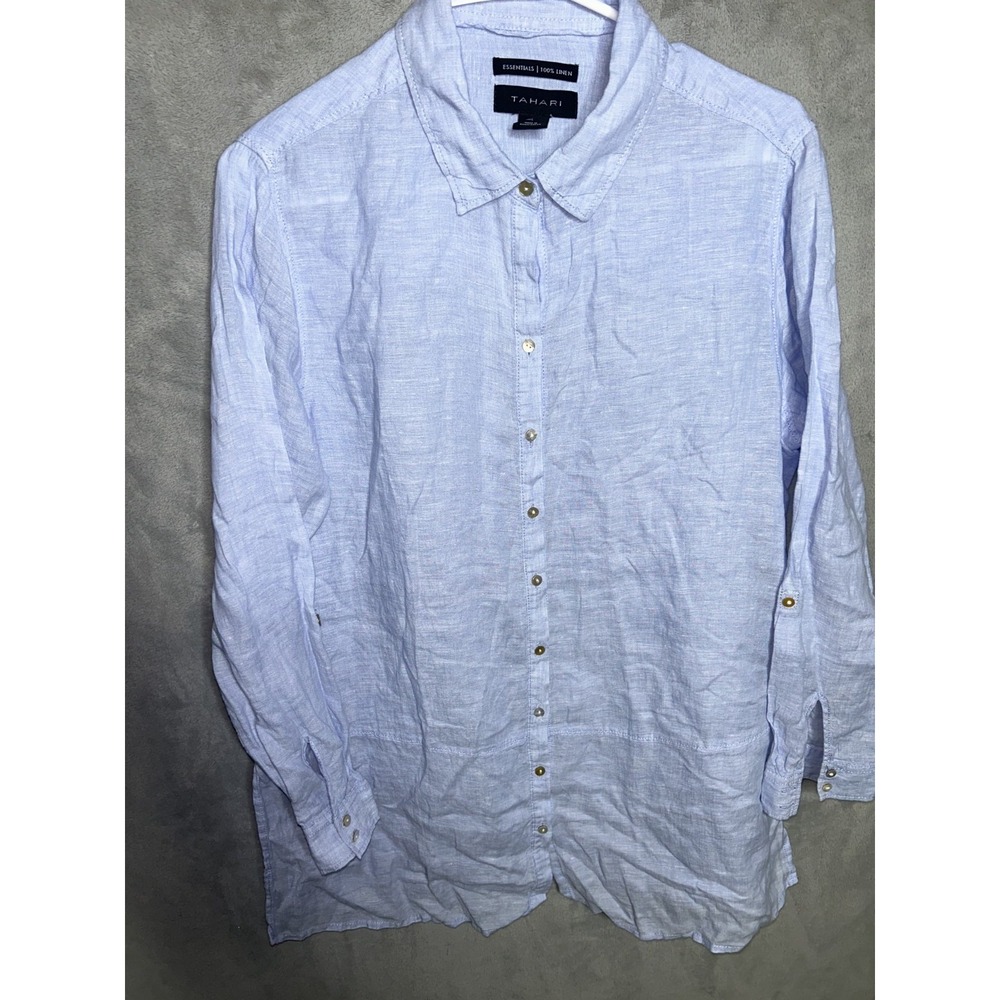 Tahari Size L 100% Linen Tunic Shirt Blue Essentials Roll Tab Sleeves Blouse